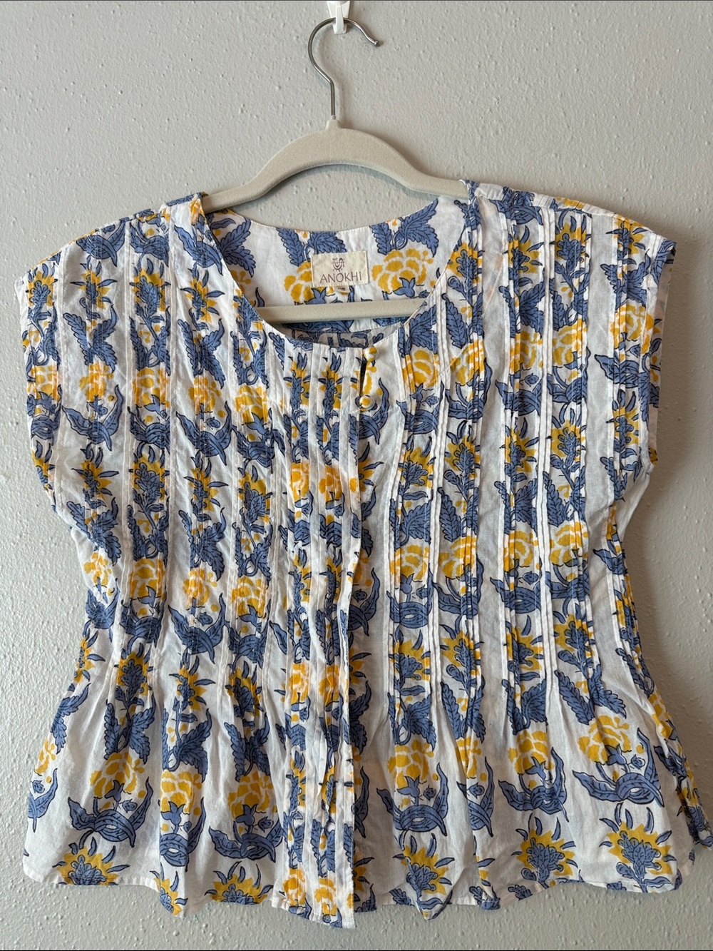 Anokhi White Floral Pintuck Blouse with Blue & Yellow Block  Print